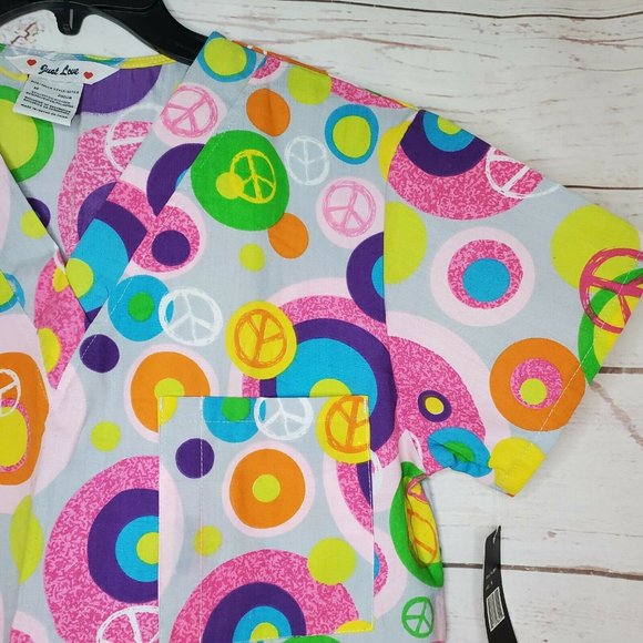 Just Love Medical Scrub Top Medium Pink Multi Colored Peace Signs - Picture 6 of 12